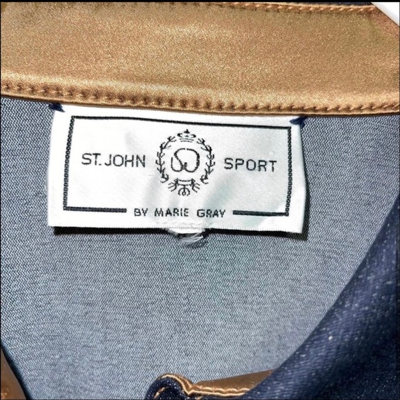St John Sport Denim Jacket Suede Cuff Satin Trim Size Large Blue Navy - Picture 5 of 8